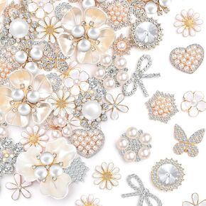 Giegxin 48 Pcs Rhinestone Buttons for Crafts Faux Pearl Embellishments Button Butterfly Flower Vintage Brooch for Wedding Decorations Jewelry Making DIY Clothes Bags Shoes Supplies (White)