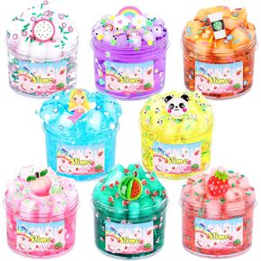 8 Pack Jelly Cube Clear Slime Kit, Crunchy Slime with Peach, Strawberry and Watermelon Charms, Super Soft and Non-Sticky, Stress Relief Toy, Party Favors for Girl Boys 4 5 6 7 8 9 10 11 12