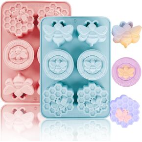 2 Pack Bee Honeycomb Soap Silicone Molds, Xirdkur 12 Cavity Honeybee Soaps Molds for Making Homemade Soap, Lotion Bar, Jello, Bath Bomb, Beeswax, Candle, Chocolate, Blue and Pink