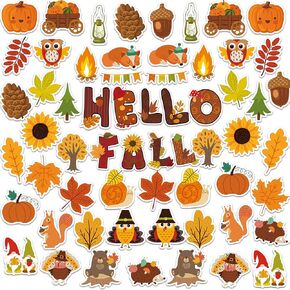 61PCS Hello Fall Cut-Outs Autumn Bulletin Board Decorations for Classroom Door Decor Maple Leaves Pumpkin Turkey Acorns Cutouts for Thanksgiving Classroom Office Party Supplies (100pcs Glue Point)