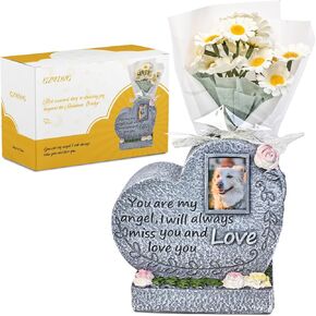 Pet Memorial Gifts for Dogs Cat, Pet Grave Markers with Photo Frames and Artificial Flowers, Loss of Dog Sympathy Gift, Death Sympathy Bereavement Remembrance Tombstones for Outdoor Indoor
