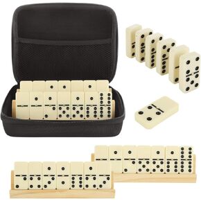 SENENQU Dominoes Set for Adults with 4 Wooden Racks/Trays, Double 6 Dominoes Travel Set with Portable Case Double Six Dominoes Set with 4 Tiles Holders, 28 Tiles Dominos Set for Family Camping