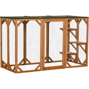PawHut Outdoor Cat House, Catio Wooden Feral Cat Shelter, Cat Cage with Platforms, Large Enter Door, Weather Protection Asphalt Roof, 71" L, Brown in Kuwait