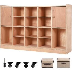 Cubby Tray Storage Cabinet with 2 Doors, Storage Organizer Cubes with 2 Anti-Flip Fittings, 4 Castors and 2 Boxes for Home, School, Kindergarten, Classroom Furniture, Natural