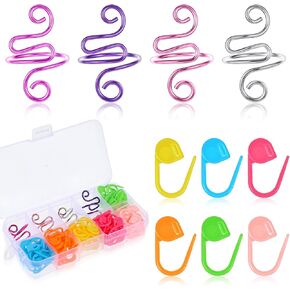 4Pcs Crochet Rings + 120Pcs Colorful Stitch Markers Adjustable Yarn Tension Ring for Finger Crochet Tools with Box DIY Craft Crocheting Supplies for Women Mom Knitting Lover