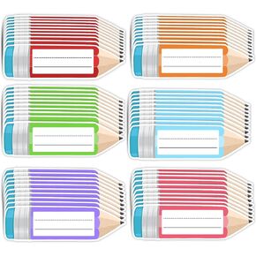 Colorful Pencils Name Tags 30pcs Back to School Pencil Shape Decal Nameplate Stickers for First Day of Office Classroom Desk Wall Message Bulletin Board Decorations