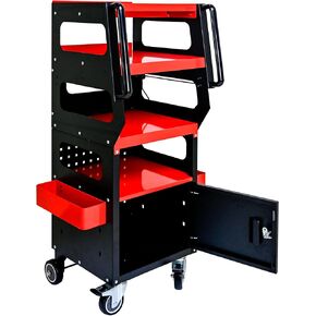4 Tier Multi-Purpose Portable Tool Trolley Diagnostic Cart with 360° Rotating Lockable Casters and Lockable Cabinet, Rolling Utility Cart Storage Organizer, for Mechanics and Garage Tools