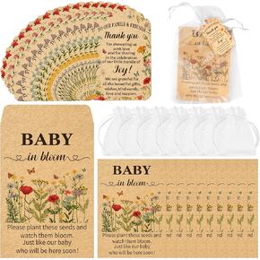 Yopyame Self Adhesive Seed Envelopes - 100 Set Baby Shower Seed Packet Favors Includes 100 Baby in Bloom Self Adhesive Kraft Paper Seed Envelopes 100 Thank You and Best Wishes Cards 100 Organza Bags