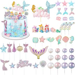Tallew 42 Pcs Mermaid Cake Topper Under The Sea Cake Toppers Birthday Decorations Starfish Shell Mermaid Tail Seaweed Leaves Cupcake Candle for Birthday Baby Shower Party