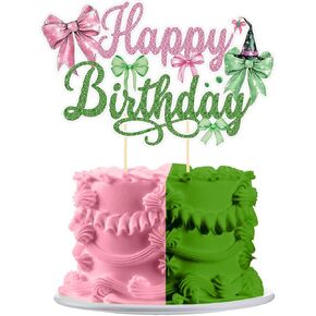 Weysat Witch and Princess Happy Birthday Cake Topper Glitter Pink and Green Bow Cake Decorations Birthday Party Pick for Fantasy Themed Party Supplies
