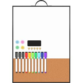 Small White Board 16" x 12" for Wall, Portable Black Aluminum Framed Whiteboard with Cork, Combination Modern Dry Erase Board with Handle for Home, Office, School