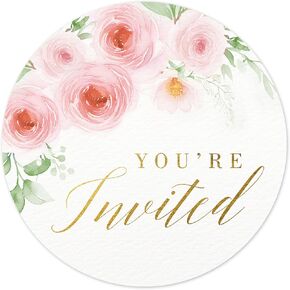 Mobiusea Creation 108 Pcs “You’re Invited" New Pink Floral Stickers with Roses – 1.4" Waterproof Gold Foil Envelope Seals for Weddings, Bridal Showers, Birthdays & Baby Showers