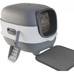 Large Cat Litter Box with Cat Litter Scoop, Foldable Litter Box with Lid, Front Entry and Exit Leak-Proof Litter Cat Box, Odor Control, Easy to Clean (Purple)