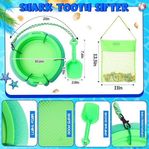 Roshtia 3 Pcs Shark Tooth Sifter Set Lightweight Sand Kits for Teeth Seashell Hunting Beach Floating Beach Sifter with Mesh Screen,Shovel,Seashell Bag for Outdoor Digging(Green) in Saudi Arabia