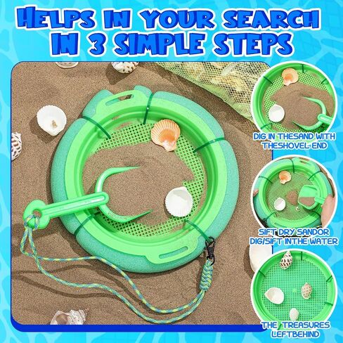 Roshtia 3 Pcs Shark Tooth Sifter Set Lightweight Sand Kits for Teeth Seashell Hunting Beach Floating Beach Sifter with Mesh Screen,Shovel,Seashell Bag for Outdoor Digging(Green) in Saudi Arabia