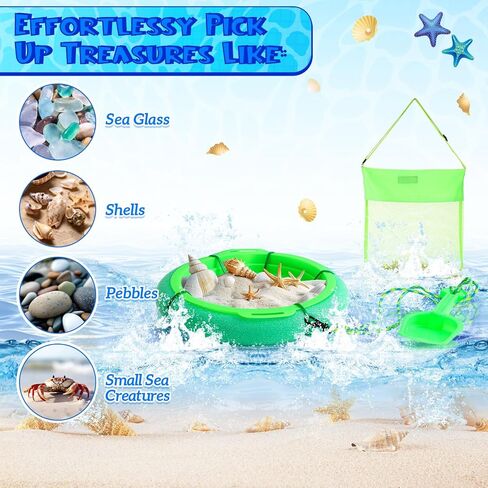 Roshtia 3 Pcs Shark Tooth Sifter Set Lightweight Sand Kits for Teeth Seashell Hunting Beach Floating Beach Sifter with Mesh Screen,Shovel,Seashell Bag for Outdoor Digging(Green) in Saudi Arabia