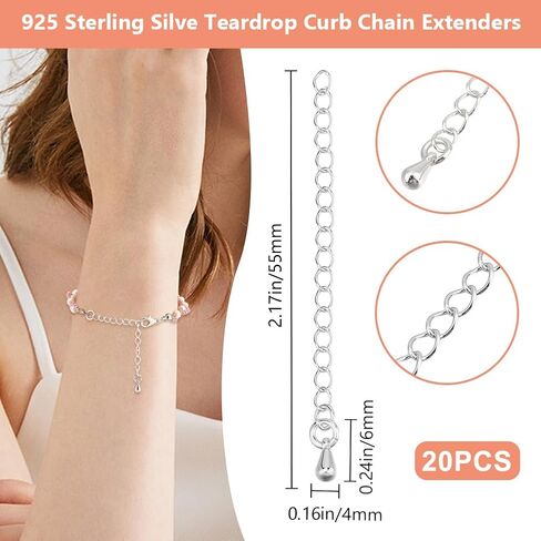 Beebeecraft 1 Box 20pcs سوار سلاسل موسع Bulk 925 Sterling الفضة المطلية النحاس النحاس النحاس المسيل للدموع سحر تمديد السلاسل Crb tails لتصنيع المجوهرات أساور القلادات. in Kuwait