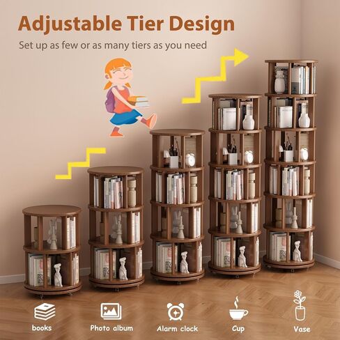 Solid Wood Rotating Bookshelf on Wheels, 6 Tier, Round Revolving Bookcase, 360° Spinning Book Shelf Tower for Kids, Narrow Rolling Bookshelves for Small Space, Corner, Bedroom, Office, Walnut in Kuwait