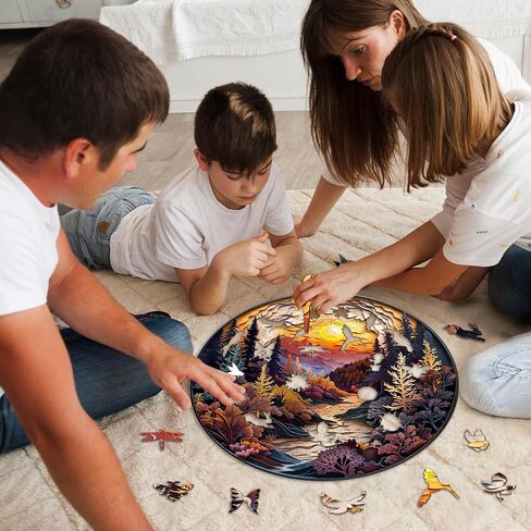 Wooden Puzzles for Adults, Unique Animal Shaped Sunset Forest Adult Puzzle, 3D Vision Wooden Jigsaw Puzzles Adult, Challenging Creative Gifts Family Games 13.4 * 13.4in 300pcs in Kuwait