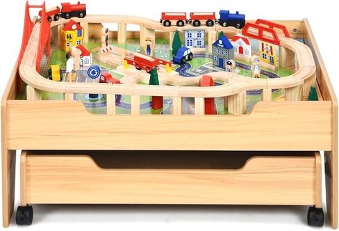 OLAKIDS Train Table, 100 Pieces Kids Wooden Activity Table Playset with Storage Drawer Multicolor Railway Tracks Cars City, Creative Toy Set Gift for Toddlers Boys Girls in Saudi Arabia