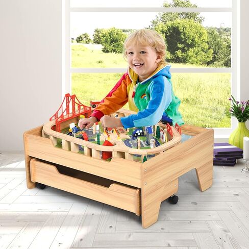 OLAKIDS Train Table, 100 Pieces Kids Wooden Activity Table Playset with Storage Drawer Multicolor Railway Tracks Cars City, Creative Toy Set Gift for Toddlers Boys Girls in Saudi Arabia
