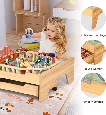 OLAKIDS Train Table, 100 Pieces Kids Wooden Activity Table Playset with Storage Drawer Multicolor Railway Tracks Cars City, Creative Toy Set Gift for Toddlers Boys Girls in Saudi Arabia