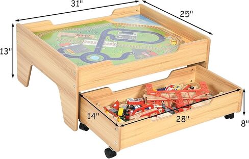 OLAKIDS Train Table, 100 Pieces Kids Wooden Activity Table Playset with Storage Drawer Multicolor Railway Tracks Cars City, Creative Toy Set Gift for Toddlers Boys Girls in Kuwait