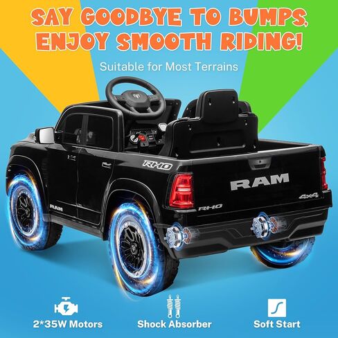 Enyopro المرخصة RAM 1500 Ride on Truck ، سيارة كهربائية 12 فولت للأطفال والأطفال الصغار ، ركوب السيارة مع التحكم عن بعد ، بداية المفتاح ، البلوتوث ، 2 سرعتين ، المصابيح الأمامية العاملة ، تخزين سرير الشاحنة (أسود) in Kuwait