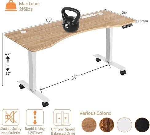 المكتب الكهربائي الدائم 55 × 24 بوصة قابلة للتعديل قابلة للتعديل المريح للجلوس الوقوف مكتب منحني لمحطة عمل كمبيوتر المكتب المنزلي مع 2 منافذ USB 3 عجلات محددة للذاكرة ، الأسود in Kuwait