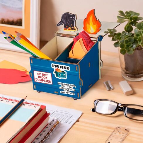 Dumpster Fire Desk Organizer, DIY Pencil Holder with Raccoon & Flame Decor, Bonus Fire-Shaped Sticky Notes & Stickers, Dumpster Fire Holder, Funny Desk Accessory, Gag Gift for Coworkers in Saudi Arabia