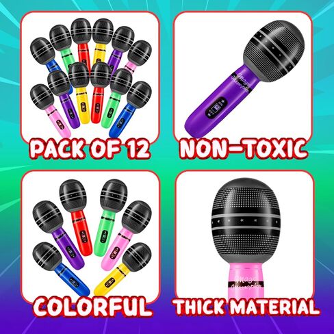 Inflatable Microphones for Parties - (Pack of 12) 10-inch Neon Colors Blow Up Microphone for Kids, Party Favors, Giveaways, DJ-Props, Photo-Booth, Birthdays, Dance, Sing Concert, Karaoke Decorations in Saudi Arabia