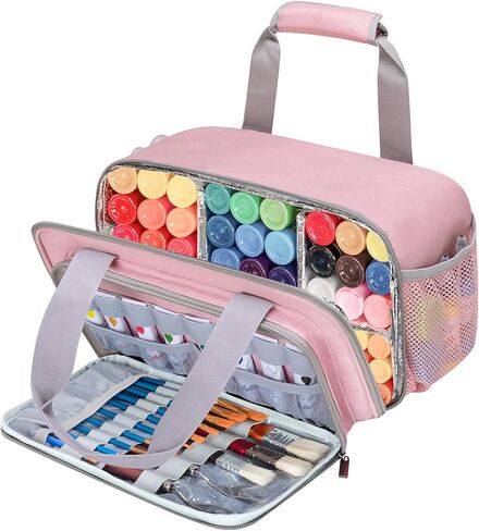 Acrylic Paint Organizer Bag for up to 54 Bottles (2 oz), Art Supply Storage Case with Handle Strap, Extra Pocket for Paint Brushes, Palette Board, Aluminum Foil Liner for Easy Cleaning (Pink) in Saudi Arabia