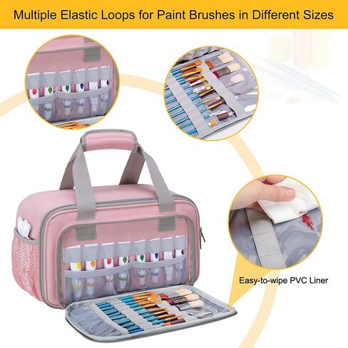 Acrylic Paint Organizer Bag for up to 54 Bottles (2 oz), Art Supply Storage Case with Handle Strap, Extra Pocket for Paint Brushes, Palette Board, Aluminum Foil Liner for Easy Cleaning (Pink) in Saudi Arabia