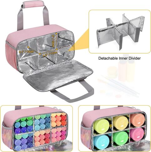 Acrylic Paint Organizer Bag for up to 54 Bottles (2 oz), Art Supply Storage Case with Handle Strap, Extra Pocket for Paint Brushes, Palette Board, Aluminum Foil Liner for Easy Cleaning (Pink) in Saudi Arabia