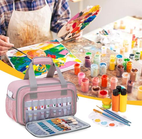 Acrylic Paint Organizer Bag for up to 54 Bottles (2 oz), Art Supply Storage Case with Handle Strap, Extra Pocket for Paint Brushes, Palette Board, Aluminum Foil Liner for Easy Cleaning (Pink) in Saudi Arabia