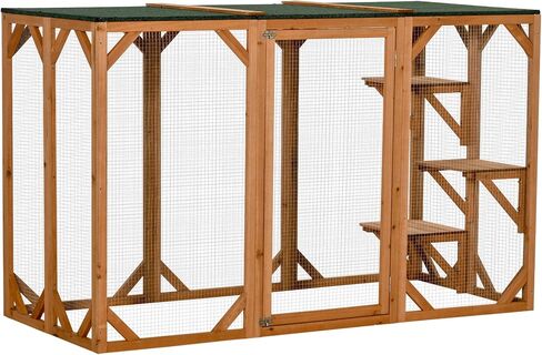 PawHut Outdoor Cat House, Catio Wooden Feral Cat Shelter, Cat Cage with Platforms, Large Enter Door, Weather Protection Asphalt Roof, 71" L, Brown in Kuwait