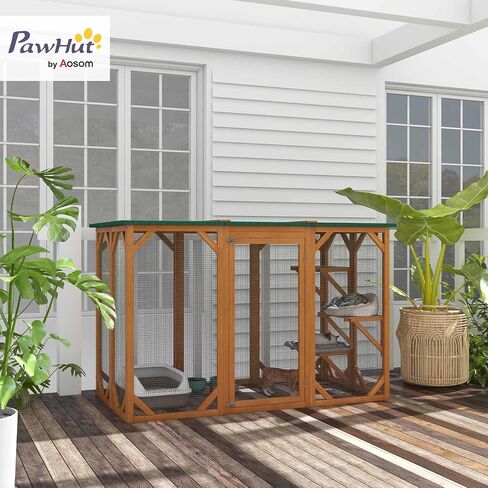 PawHut Outdoor Cat House, Catio Wooden Feral Cat Shelter, Cat Cage with Platforms, Large Enter Door, Weather Protection Asphalt Roof, 71" L, Brown in Kuwait