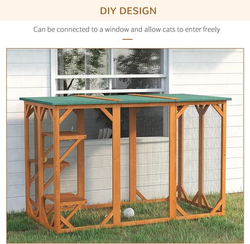 PawHut Outdoor Cat House, Catio Wooden Feral Cat Shelter, Cat Cage with Platforms, Large Enter Door, Weather Protection Asphalt Roof, 71" L, Brown in Kuwait