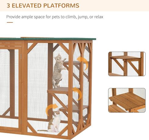 PawHut Outdoor Cat House, Catio Wooden Feral Cat Shelter, Cat Cage with Platforms, Large Enter Door, Weather Protection Asphalt Roof, 71" L, Brown in Kuwait