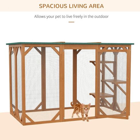 PawHut Outdoor Cat House, Catio Wooden Feral Cat Shelter, Cat Cage with Platforms, Large Enter Door, Weather Protection Asphalt Roof, 71" L, Brown in Kuwait