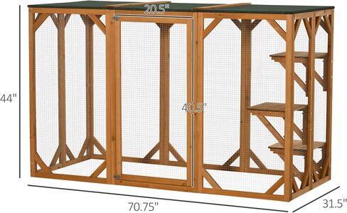 PawHut Outdoor Cat House, Catio Wooden Feral Cat Shelter, Cat Cage with Platforms, Large Enter Door, Weather Protection Asphalt Roof, 71" L, Brown in Kuwait