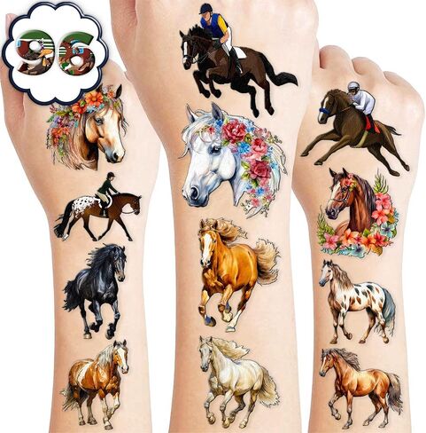 96 PCS Floral Cowgirl Horse Derby Pre-Cut Temporary Tattoos Birthday Party Favors Decorations Supplies Stickers Racing Pink Wild Horse Rodeo Cowboy Girls Boys Men Gift School Prizes Rewards (Normal) in Saudi Arabia