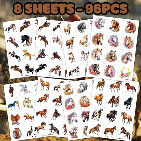 96 PCS Floral Cowgirl Horse Derby Pre-Cut Temporary Tattoos Birthday Party Favors Decorations Supplies Stickers Racing Pink Wild Horse Rodeo Cowboy Girls Boys Men Gift School Prizes Rewards (Normal) in Saudi Arabia