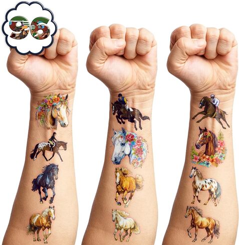 96 PCS Floral Cowgirl Horse Derby Pre-Cut Temporary Tattoos Birthday Party Favors Decorations Supplies Stickers Racing Pink Wild Horse Rodeo Cowboy Girls Boys Men Gift School Prizes Rewards (Normal) in Saudi Arabia