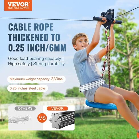VEVOR Zipline Kit for Kids and Adult, 120 ft Zip Line Kits Up to 500 lb, Backyard Outdoor Quick Setup Zipline, Playground Entertainment with Stainless Steel Zipline, Spring Brake, Safety Harness, Seat in Kuwait