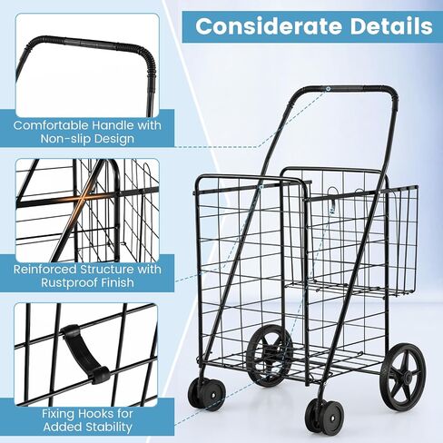 عربة تسوق قابلة للطي من Costway ، عربة بقالة معدنية مع سلة إضافية ، عجلات أمامية 360 درجة ومقبض مريحة ، عربة فائدة قابلة للطي خفيفة الوزن للغسيل ، التخييم (الأسود) in Saudi Arabia