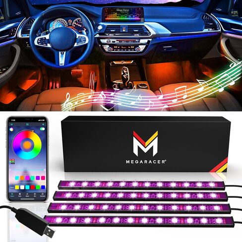 مصابيح LED Mega Racer للجزء الداخلي للسيارة - 48 شريحة LED RGB أكثر من 16 مليون لون قابل للتخصيص، ومزامنة الموسيقى و27 تأثيرًا مقاومًا للماء، متوافق مع iPhone Android الذي يمكن التحكم فيه عن طريق التطبيق، USB DC 12V in Saudi Arabia