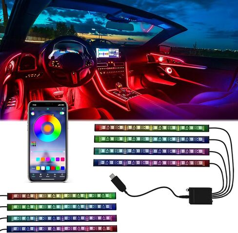 مصابيح LED Mega Racer للجزء الداخلي للسيارة - 48 شريحة LED RGB أكثر من 16 مليون لون قابل للتخصيص، ومزامنة الموسيقى و27 تأثيرًا مقاومًا للماء، متوافق مع iPhone Android الذي يمكن التحكم فيه عن طريق التطبيق، USB DC 12V in Saudi Arabia