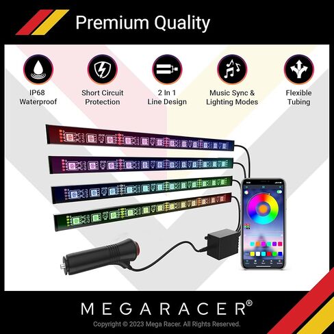مصابيح LED Mega Racer للجزء الداخلي للسيارة - 48 شريحة LED RGB أكثر من 16 مليون لون قابل للتخصيص، ومزامنة الموسيقى و27 تأثيرًا مقاومًا للماء، متوافق مع iPhone Android الذي يمكن التحكم فيه عن طريق التطبيق، USB DC 12V in Saudi Arabia