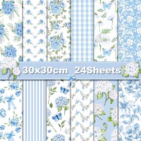 24 Sheets Hydrangea Scrapbook Paper, 12'' x 12'' Watercolor Hydrangea Patterns Decorative Craft Paper Blue Floral Folded Flat for Birthday Wedding Card Making Scrapbook Baby Shower Photo Album Decor